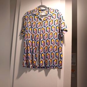 Denim & Flower Vibrant Casual Button Down Shirt in Cream and Blue